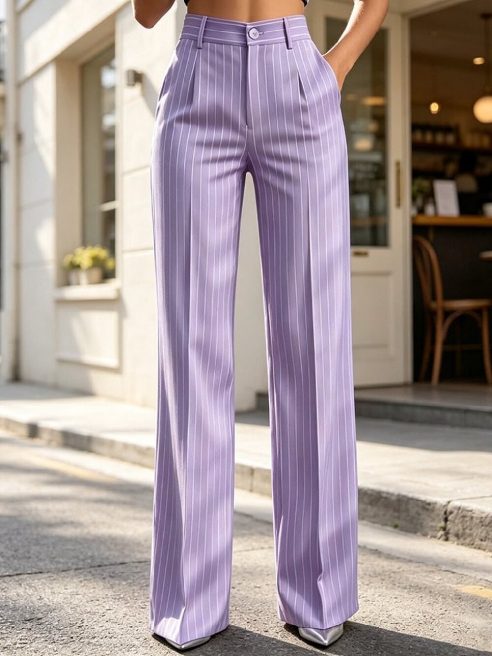 Purple Casual Women's Pinstripe Wide Leg Pants